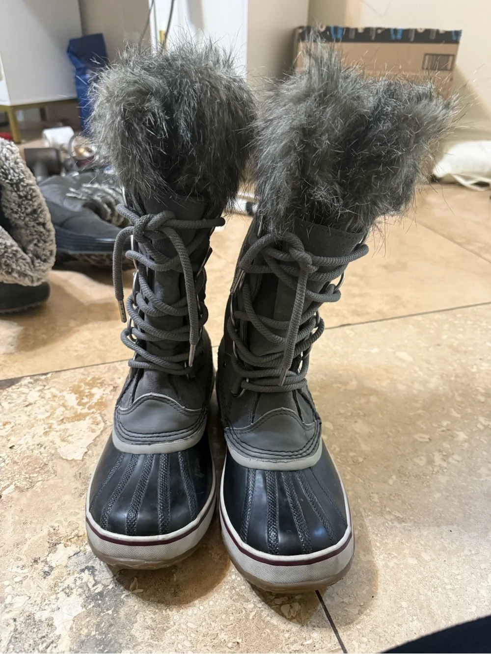 Sorel Grey Faux-Fur Lace-Up Waterproof Winter Boots